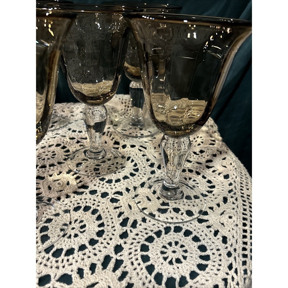 6 VTG Artland Inc. Amber Handblown Goblet Stemware Glass Iridescent Panel 7 3/4"